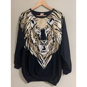 Vintage Plumo  Tiger Sweatshirt women Large  Black Gold Vtg 90s Soft Cozy